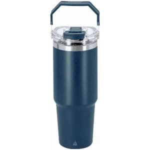 A drink bottle in dark navy blue with a stainless steel base and a clear lid featuring a handle.