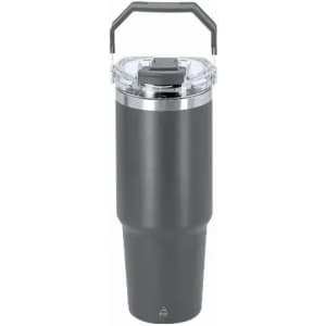 A drink bottle with a matte black finish, featuring a transparent lid and a sturdy handle. Brand logo is visible.