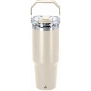 A drink bottle in a cream colour with a transparent lid and a sturdy handle, featuring a logo.