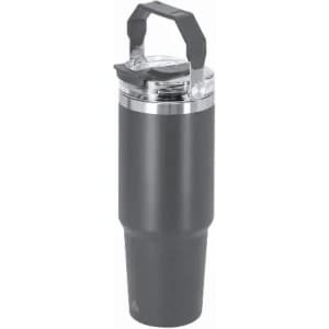 A drink bottle in dark grey with a clear lid and a handle, featuring a logo on the body.