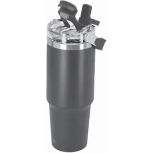 A drink bottle in black with a clear, sealed lid and a flip-top spout for easy access. Features a logo.