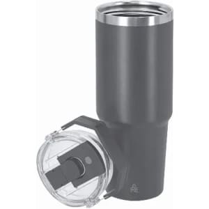 A drink bottle in matte black with a clear lid, featuring a logo on the side.