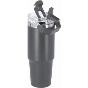 A drink bottle in matte black with a clear lid and a clip attachment. It features a stainless steel base and a logo.