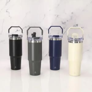 A drink bottle set featuring four colours: black, grey, navy, and cream, each with a handle and a clear lid.