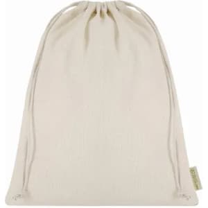 A drawstring pouch in a natural cream colour, featuring a simple design and a branding label on the side.