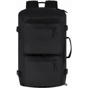 A black backpack featuring two zipped pockets and adjustable straps. It includes a handle on the side and branding.