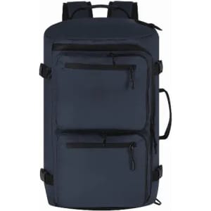 A backpack in dark navy with multiple front zippered pockets and adjustable straps. It features a logo on the front.