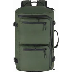 A backpack in olive green with two front zippered pockets and side straps for additional securing. It also features a logo.