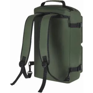 A green backpack with adjustable straps and a top handle, featuring a sleek, minimalist design.