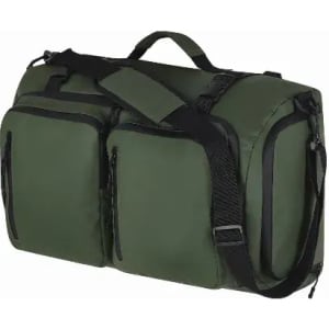 A duffle bag in dark green featuring two front zip pockets and a removable shoulder strap. It has a sturdy design.