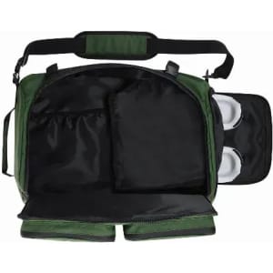 A green bag with a spacious interior, featuring black compartments and pockets for organisation. It has a shoulder strap.
