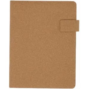 A notebook in a tan cork finish with a flap closure, featuring a simple, minimalist design.