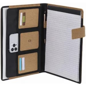 A notebook with a black cover, cork interior, card slots, a pen holder, and lined pages. It has a mobile phone pocket.