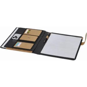A document folder with a black exterior, containing card slots, a pen, and lined paper. It has a logo on the cover.