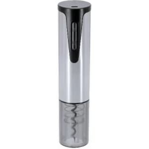 A drink bottle in silver and black with a sleek design and a corkscrew component at the bottom. It features a logo.