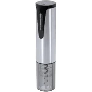 A drink bottle in silver and black, featuring a sleek design and a transparent lower section. It includes a brand logo.