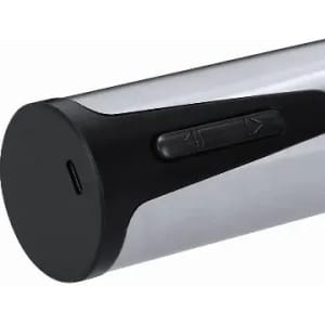 A drink bottle in sleek silver and black, featuring a control button and a USB-C charging port.