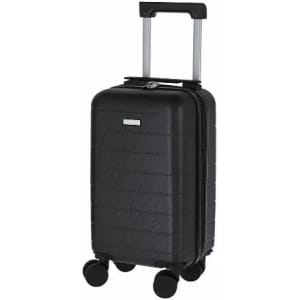 A black suitcase with a textured surface, featuring a retractable handle and four wheels for easy mobility.