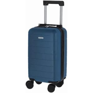 A blue hard-shell suitcase with a retractable handle and four wheels, featuring a logo on the front.