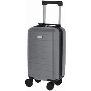 A grey carry-on suitcase with a textured surface, featuring a retractable handle and four wheels for easy manoeuvring.
