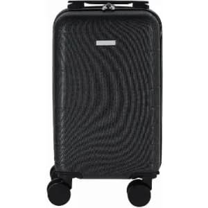 A suitcase in black with a textured surface and four wheels for mobility. It features a logo on the front.