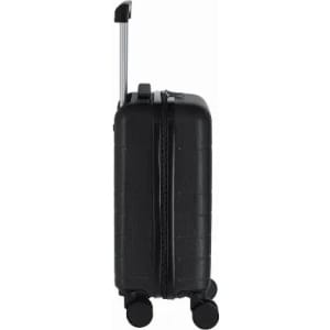 A black hard-shell suitcase with a telescopic handle and four wheels. It features a textured surface.