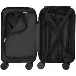 A black suitcase with a zipped compartment and straps inside, featuring wheels for easy transport.