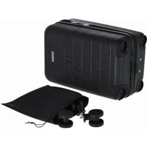 A sleek black suitcase with wheels alongside a black drawstring bag containing additional wheels.