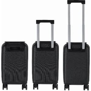A set of three black suitcases with extendable handles and wheels, featuring a textured surface and varying sizes.