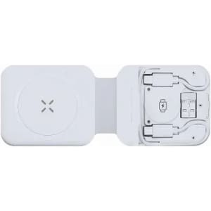 A charging pad in white, featuring a foldable design with integrated cables for convenience.