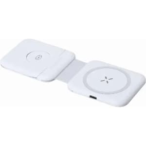 A wireless charging pad in white, featuring two circular charging surfaces and a connecting hinge.