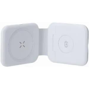 A white wireless charging station with a folding design and a logo.