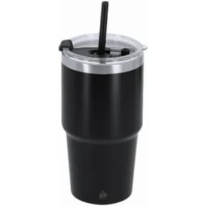 A drink bottle in black with a clear lid and a straw, featuring a logo on its side.