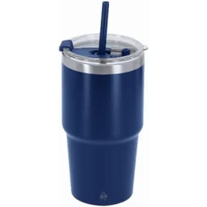 A drink bottle in navy blue with a silver lid and a straw, featuring a logo on the body.