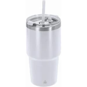 A drink bottle in white with a stainless steel lid and a straw, featuring a simple logo.