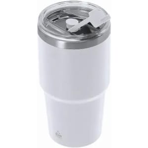 A drink bottle in white with a transparent lid and a logo. It features a sliding top closure.