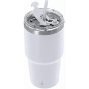 A drink bottle in white with a stainless steel lid and straw, featuring a logo on the side.