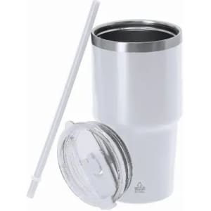 A drink bottle in white stainless steel with a clear lid and straw. It features a sleek design and has a logo.