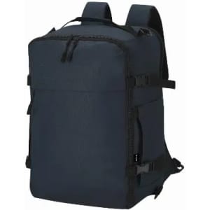 A dark navy backpack with adjustable straps and multiple exterior buckles for secure storage.