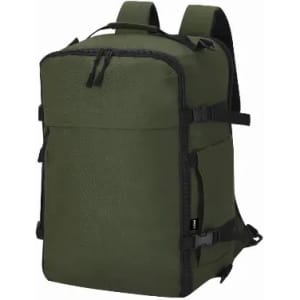 A backpack in olive green with adjustable straps and multiple compartments, featuring a logo.