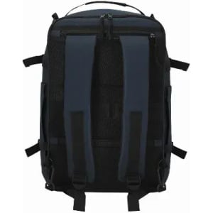 A black backpack featuring adjustable straps and multiple compartments for storage. It has a mesh back for comfort.