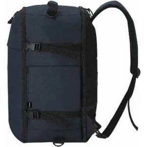 A backpack featuring a dark navy exterior, multiple straps, and a zippered compartment. It has a logo on the side.