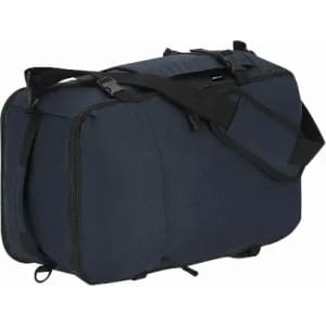 A navy blue duffel bag with a textured surface, featuring adjustable straps and a zippered opening.