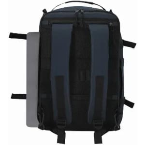 A black backpack with dark blue accents featuring padded straps and a separate compartment for a laptop.