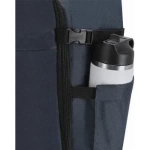 A navy blue backpack featuring a side pocket with a white drink bottle and black lid. The bag has a zip closure.