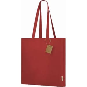A red tote bag with two long handles and a tag attached. The bag has a simple, minimalist design.