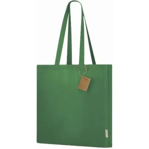 A green tote bag with long handles and a tag attached, featuring a simple and minimalist design.