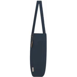 A navy blue tote bag with a long strap and a tag attached, featuring a simple design and no visible branding.