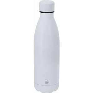 A drink bottle in white, featuring a sleek design and a black ring around the neck. It has a logo on the front.