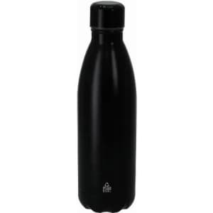 A drink bottle in sleek black, featuring a cylindrical design and a screw-on lid. It has a logo near the base.
